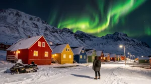 Τα χρωματιστά σπίτια του Longyearbyen στο χιόνι, κάτω από το βόρειο σέλας, στα Σβάλμπαρντ