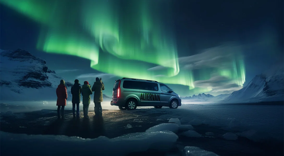 Northern lights in Iceland, green aurora dancing over a dark winter landscape