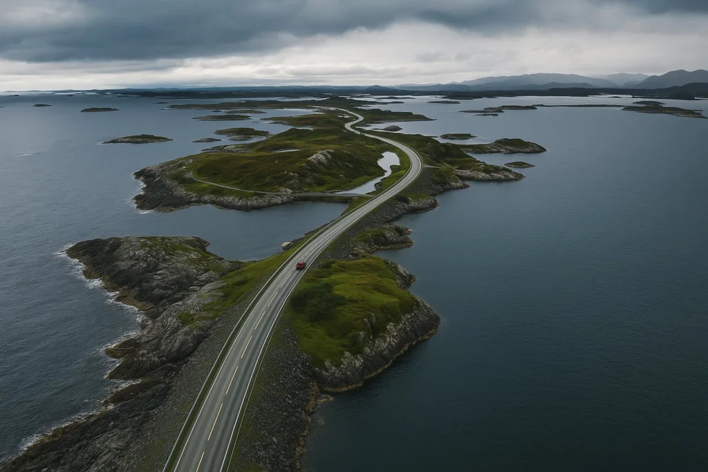 The Atlantic Ocean Road in Norway crossing small islands under a dramatic sky