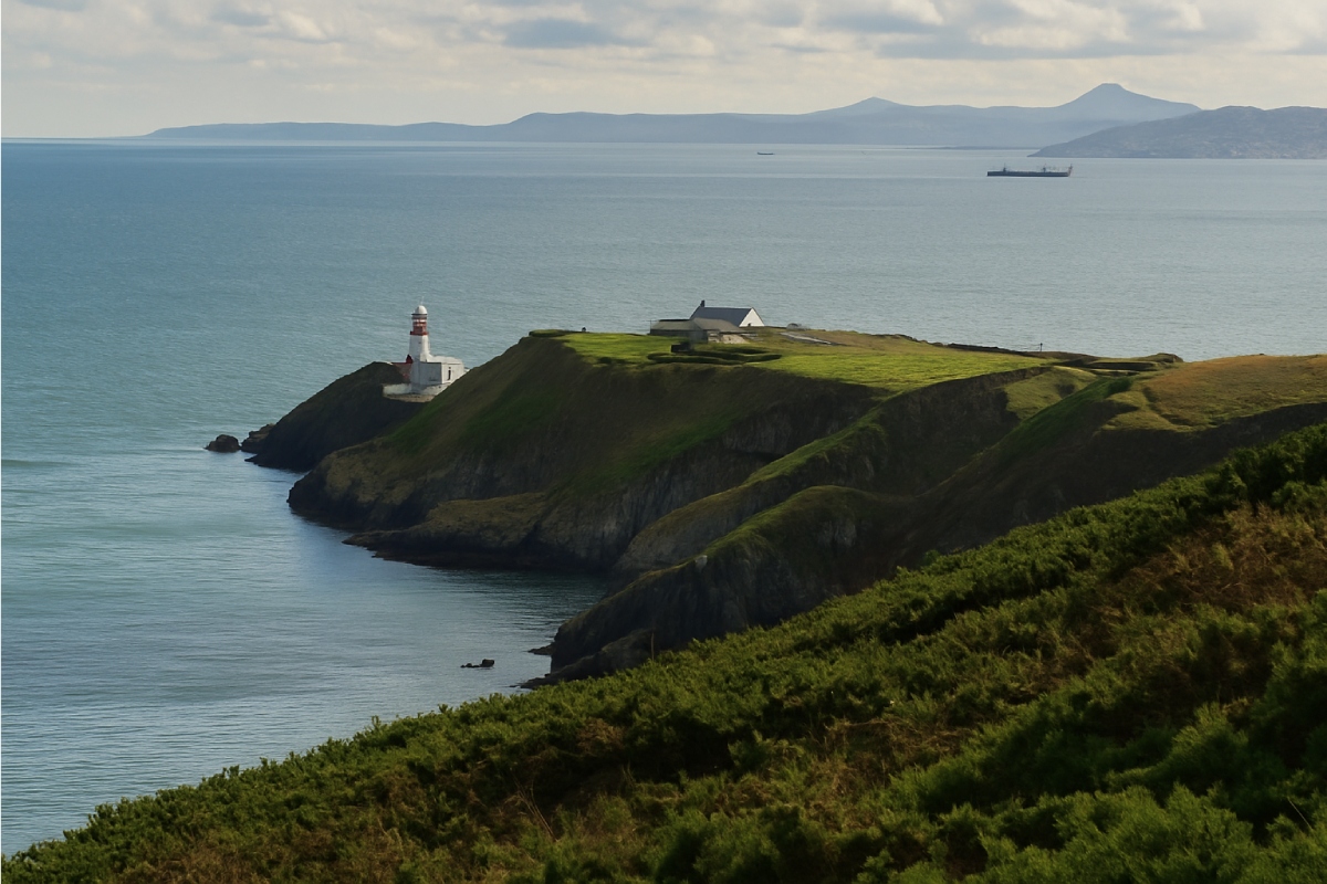 Πανοραμική φωτοφραφια του Howth με τον φάρο στο βάθος, πράσινο τοπίο και θάλασσα. ιδανική για ημερήσια εκδρομή από το Δουβλίνο, πεζοπορία και fish & chips.
