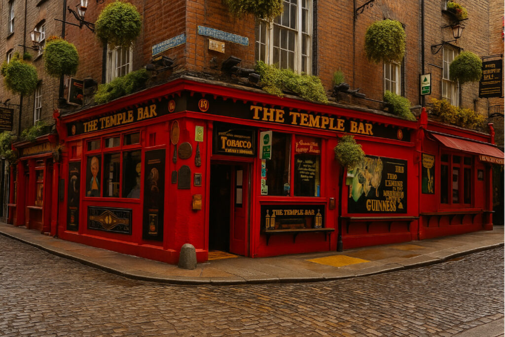 Η παμπ Temple Bar στο Δουβλίνο, με έντονο κόκκινο χρώμα και ιστορική πρόσοψη, σε πλακόστρωτο δρόμο αξιοθέατο για ταξίδι στην Ιρλανδία