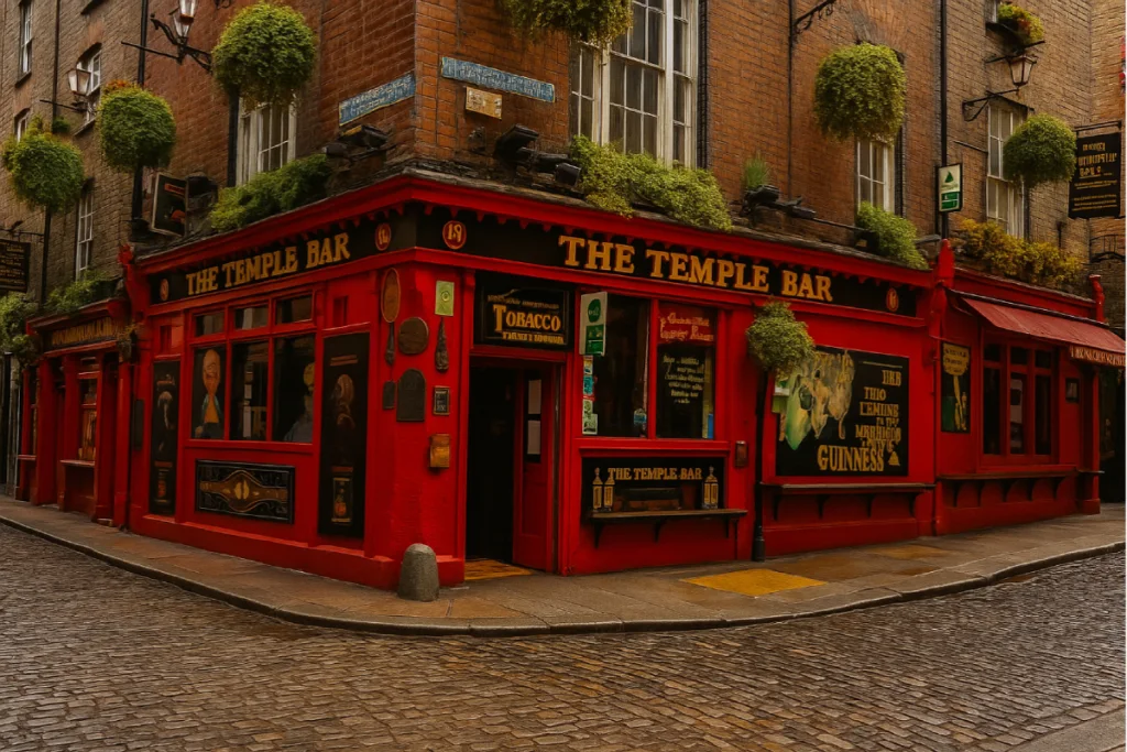 The Temple Bar pub in Dublin, with its bright red facade on a cobblestone street