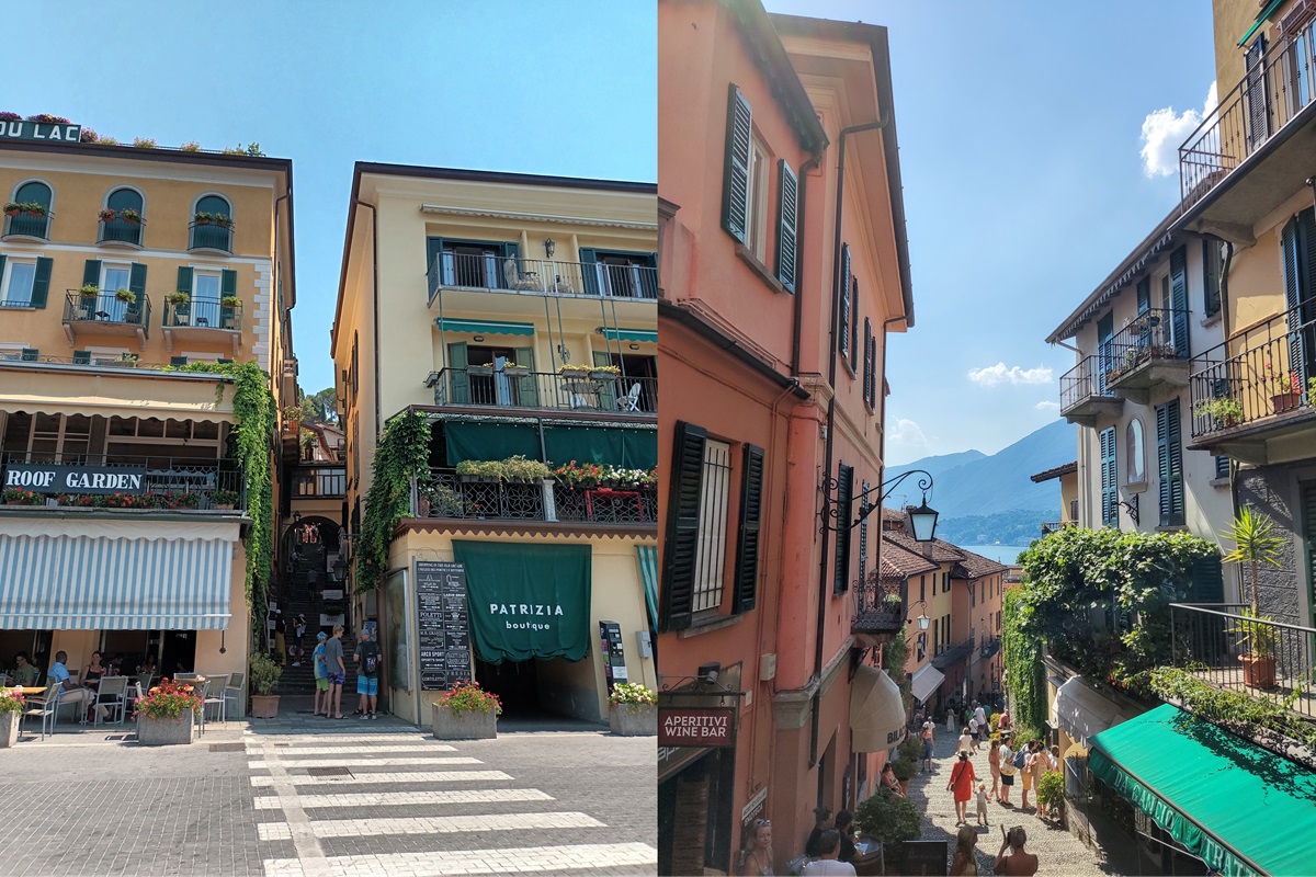 Γραφικά σοκάκια και κεντρικά κτίρια στο Bellagio με παραδοσιακή ιταλική αρχιτεκτονική και θέα στη Λίμνη Κόμο.
