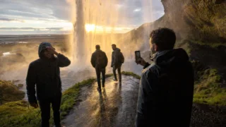 Η παρέα πίσω από τον Seljalandsfoss, στο βραδινό φως