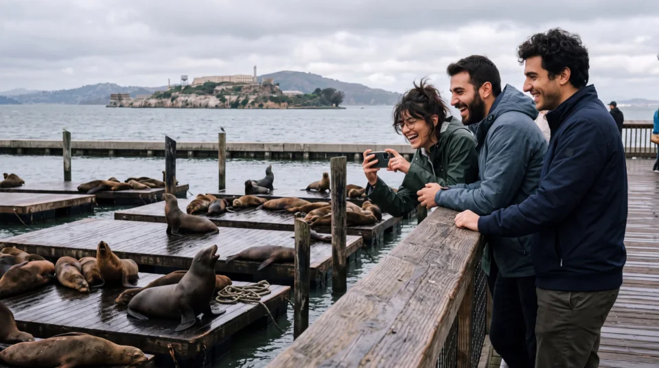 Θαλάσσια λιοντάρια στο Pier 39, με το Alcatraz στο βάθος