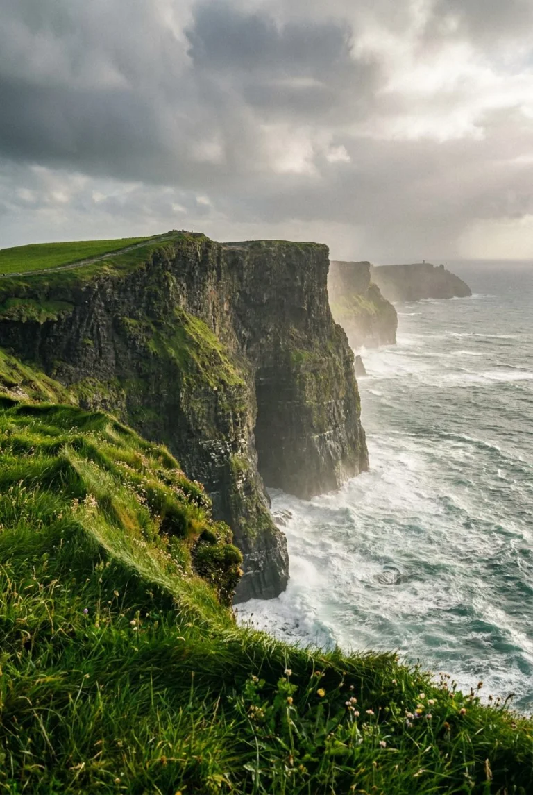 Green sea cliffs above the churning Atlantic on the west coast of Ireland