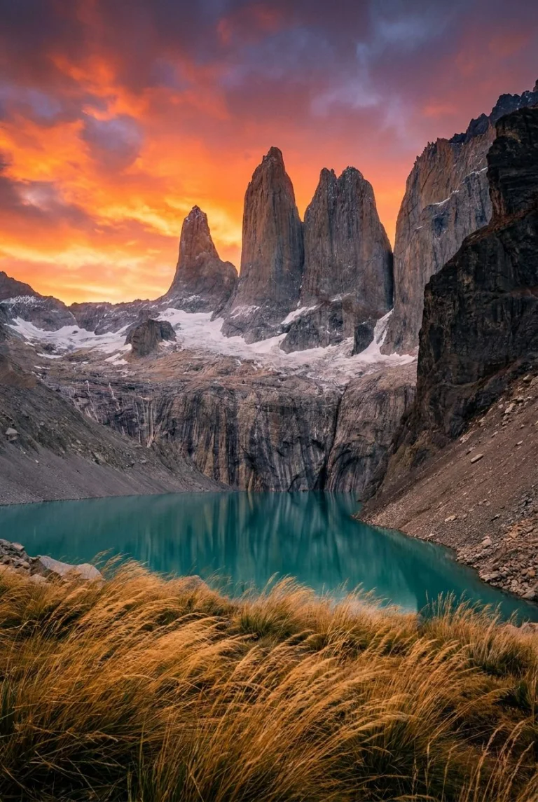 The Torres del Paine towers above a turquoise lake at sunset, Patagonia