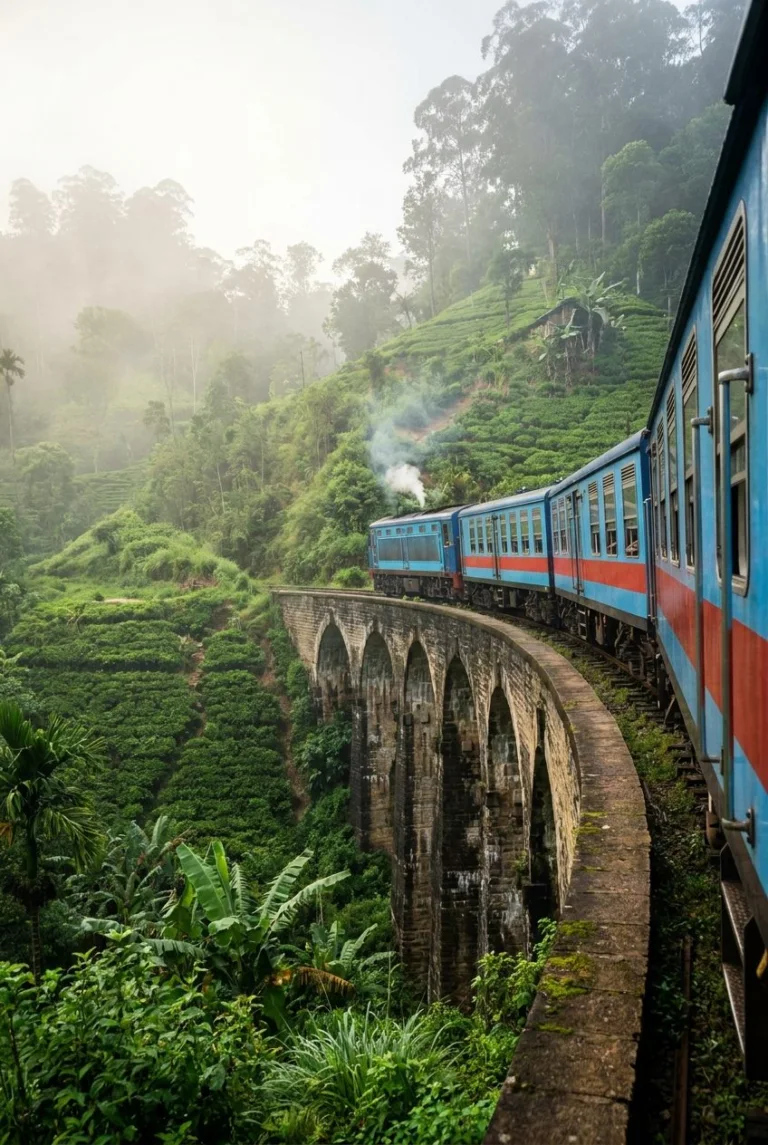 A blue train crossing the Nine Arches Bridge among tea plantations, Sri Lanka