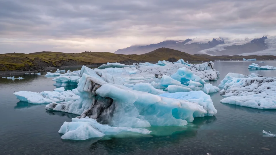 Παγόβουνα στη λιμνοθάλασσα Jokulsarlon, με τον παγετώνα μακριά