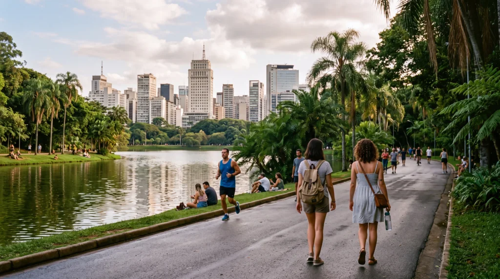 Βόλτα στο πάρκο Ibirapuera, με τους ουρανοξύστες του São Paulo πίσω από τη λίμνη