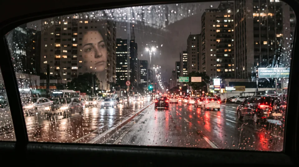 Πρώτο βράδυ στο São Paulo, βρεγμένη λεωφόρος από το παράθυρο του ταξί